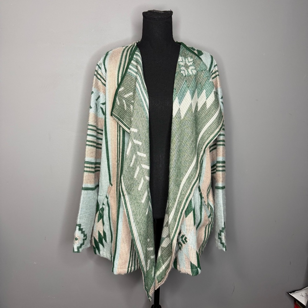 Tamsy Turquoise and Brown Jacquard Jacket - One Size Missy